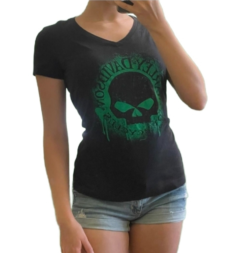 HARLEY DAVIDSON Size S Womens Skull Graphic Black Tee V-neck Bikercore